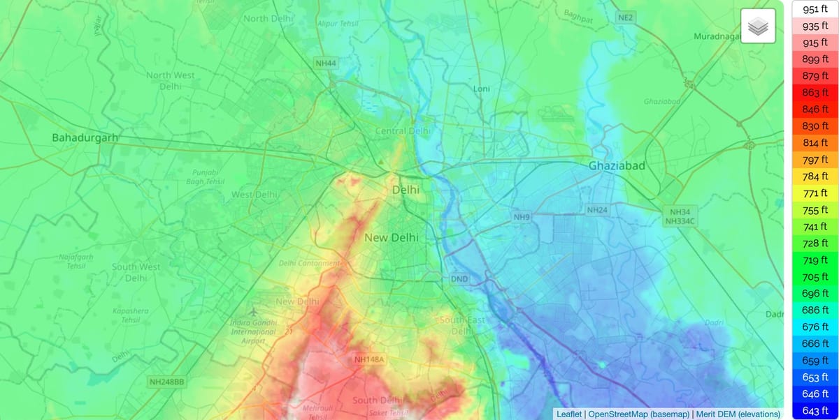 Mapa de elevación de Nueva Delhi