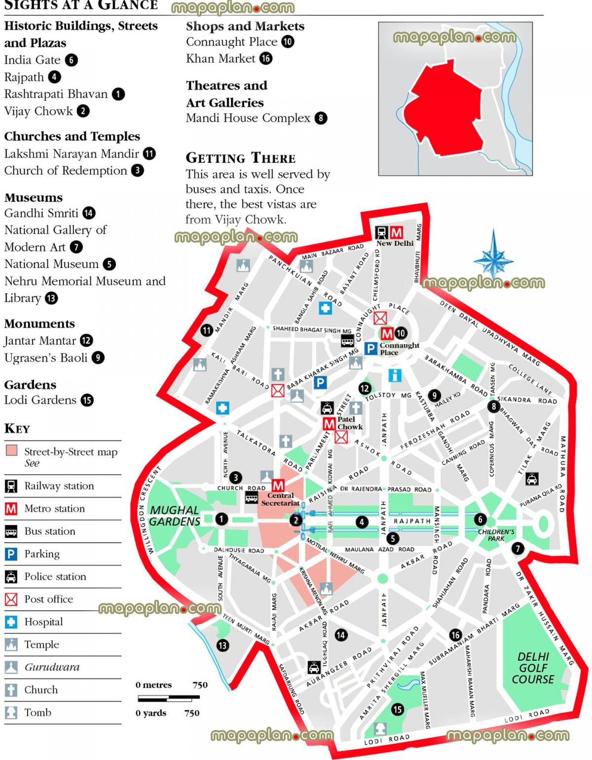 Mapa de los recorridos a pie de Nueva Delhi